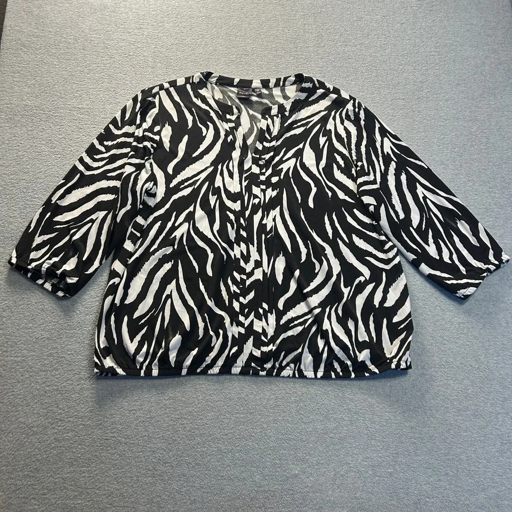 Rafaella Zebra Print Blouse Womens Plus Size 2X Black White 3/4 Sleeve Hem Top